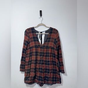 ZARA Trafaluc Women’s Plaid Tie Back Long sleeve Jumpsuit Size small acadamia